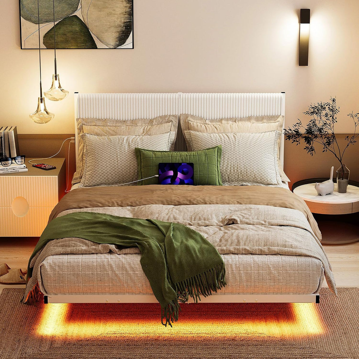 Struttura letto ARFARLY, matrimoniale, metallo, Bianco, con illuminazione LED, con porta USB, imbottita, per camera da letto