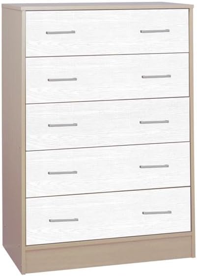 Cassettiera, 5 cassetti, Bianco e rovere, per soggiorno e sala da pranzo