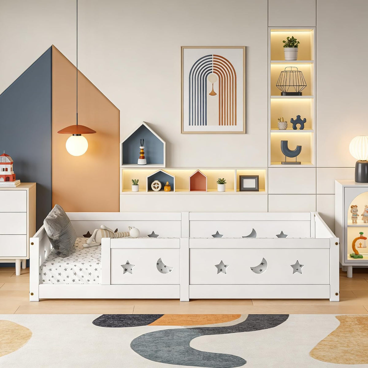 Letto SAOOZBE, 140 × 200 cm, legno, Bianco, con rete a doghe, per camera da letto, per bambini