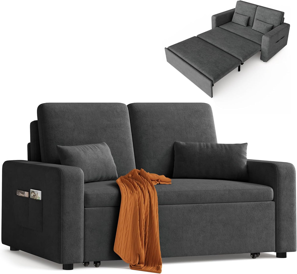 Divano letto Xbro, 2 posti, 147 × 196 × 87 cm, misura 147 × 196, materasso incluso, metallo, ciniglia, trasformabile, con funzione letto