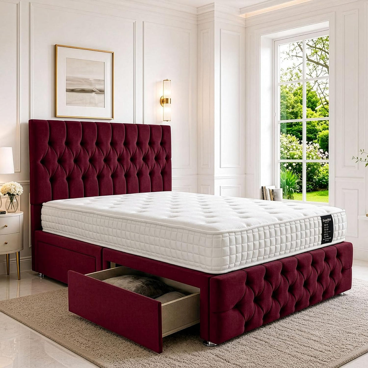 Letto SANA SLEEP, 2 cassetti, matrimoniale, per camera da letto, finitura in peluche di gelso, design robusto per camere da letto