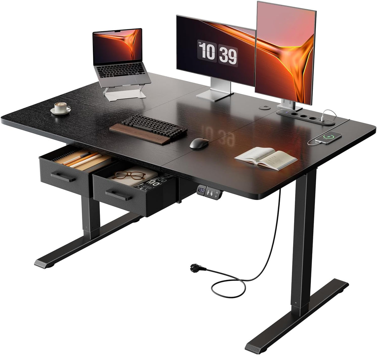 Scrivania SOLAVERO, 2 cassetti, 120 × 80 cm, altezza regolabile 72-117 cm, Nero, elettrica, con porta USB, per ufficio