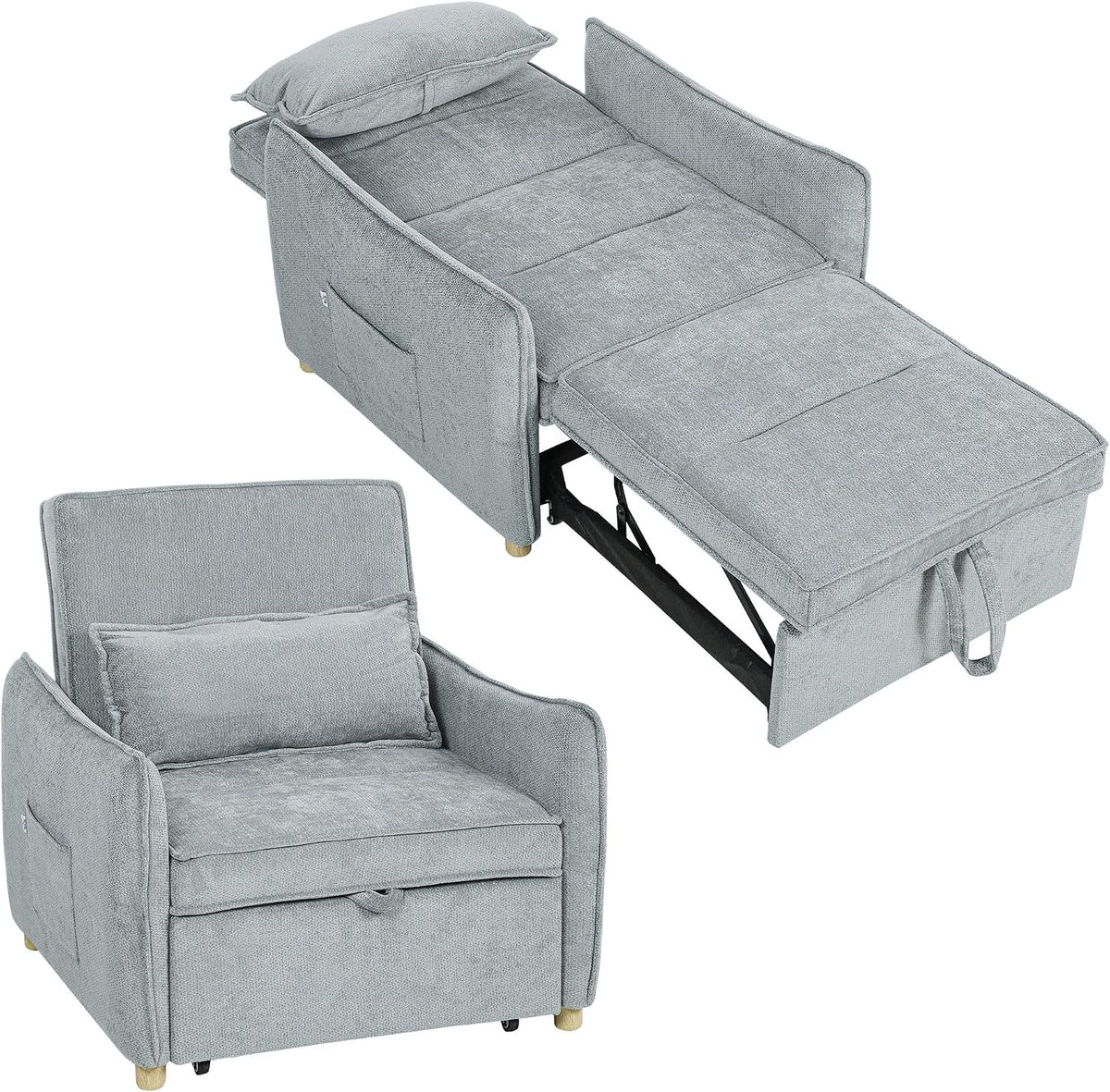 Poltrona letto HOMCOM, singolo, 67 × 58 cm, legno, acciaio, Grigio, con cuscino, trasformabile, reclinabile, regolabile, imbottita, per soggiorno