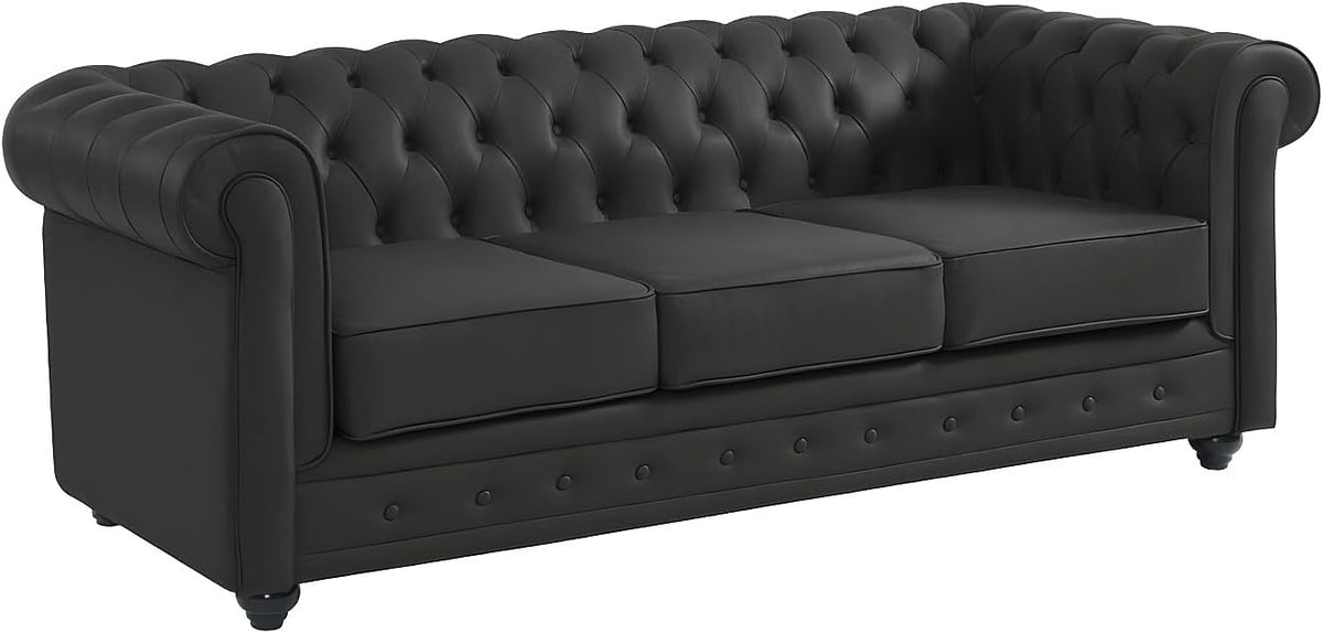 Divano Vente-unique CHESTERFIELD, 3 posti, pelle, Nero, sfoderabile, imbottito, per soggiorno