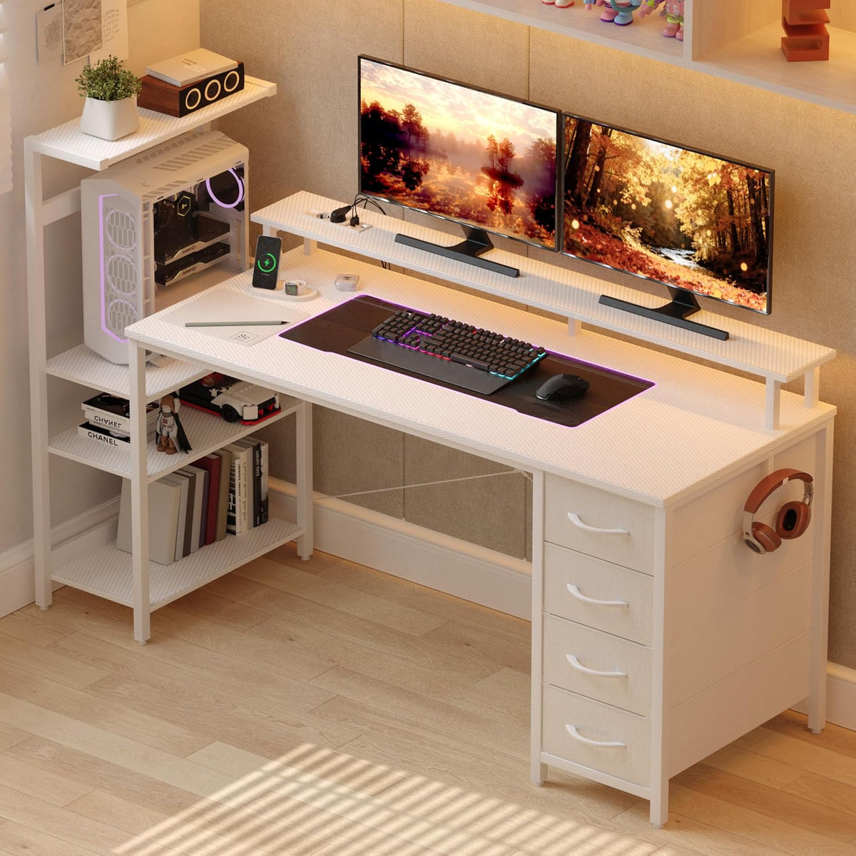 Scrivania YOUDENOVA, 130 × 50 cm, Bianco, regolabile, con porta USB, per ufficio, scrivania per computer con cassetti