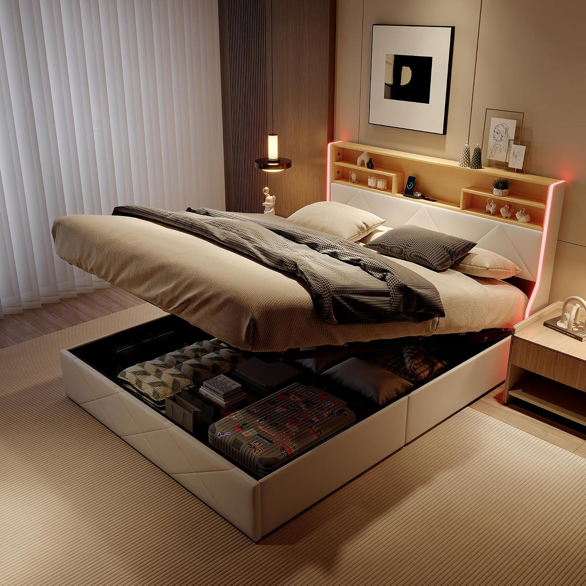 Letto contenitore FAAMEPBO, matrimoniale, 216,4 × 143 × 115 cm, 160 × 200 cm, misura 160 × 200, legno, metallo, con contenitore, regolabile