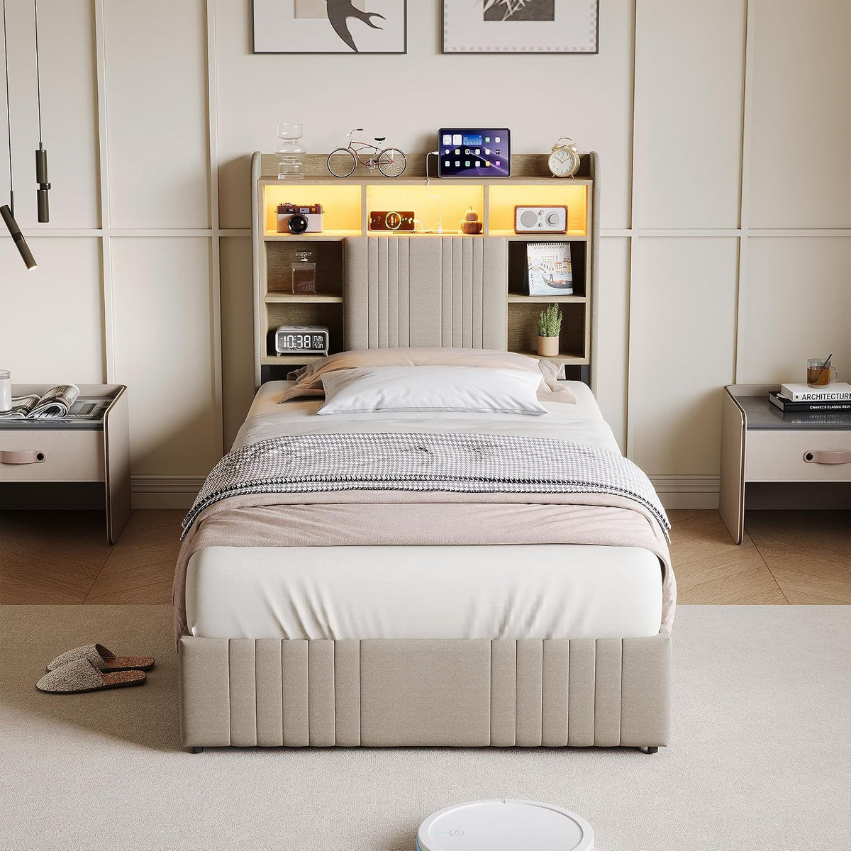 Letto FAAMEPBO, 2 cassetti, matrimoniale, 221 × 94 × 122 cm, misura 90 × 200, tessuto, Beige, con contenitore, regolabile, con ruote, con porta USB