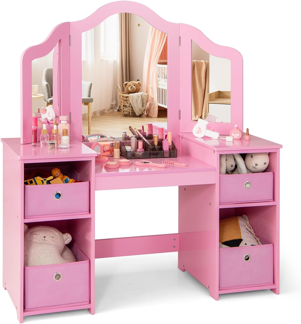 Toeletta COSTWAY, 4 cassetti, 2 in 1, 107 × 40 × 117 cm, legno, tessuto, Rosa, pieghevole