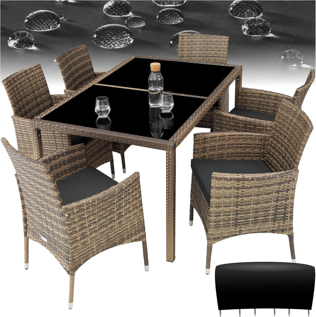 Set da pranzo da giardino tectake, 6 sedie, rattan, plastica, Grigio scuro, per giardino e terrazzo