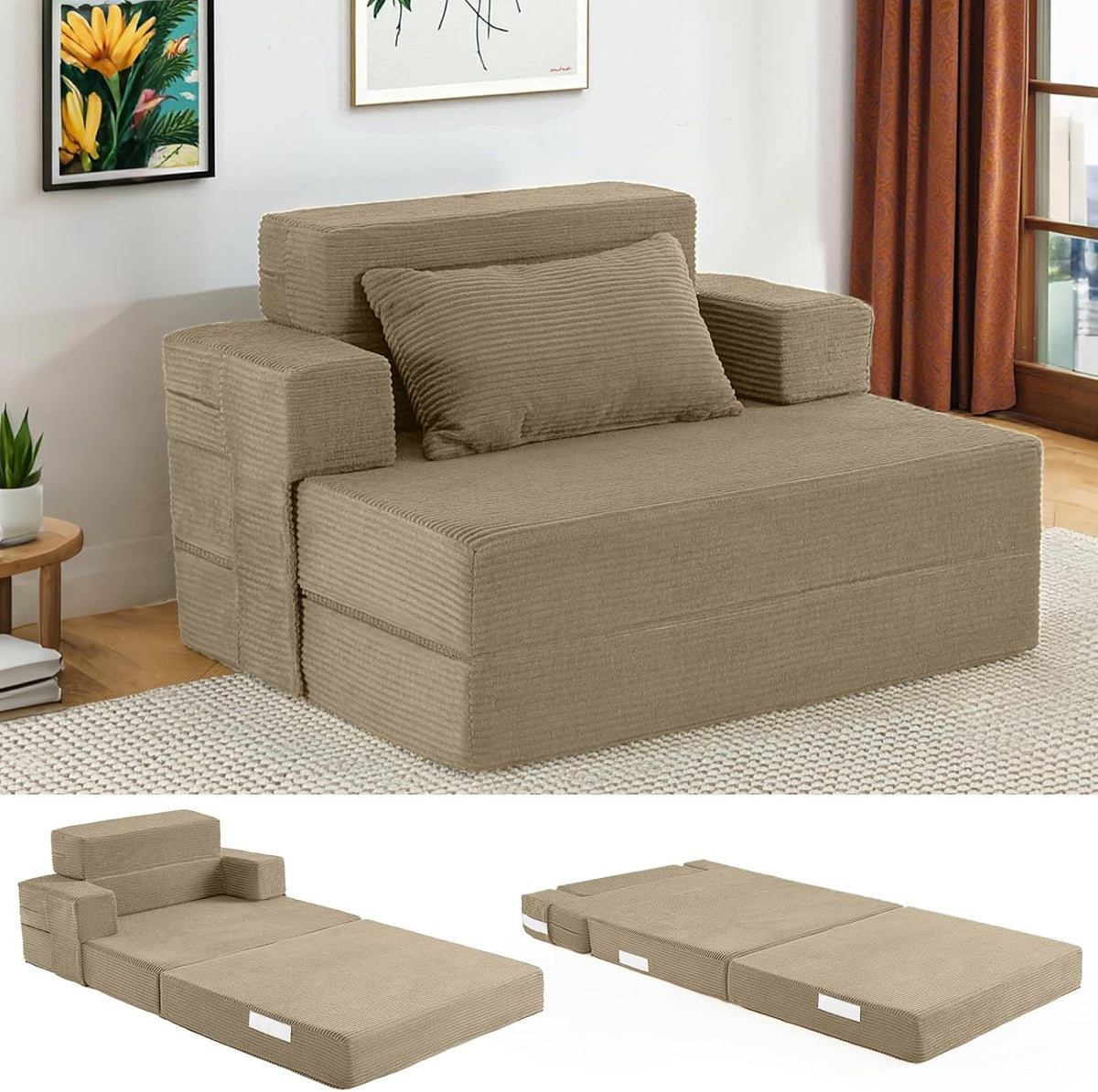 Divano letto Fantico, singolo, 100 × 200 cm, 150 × 205 cm, Tortora, con cuscino, trasformabile, con funzione letto, pieghevole, con braccioli