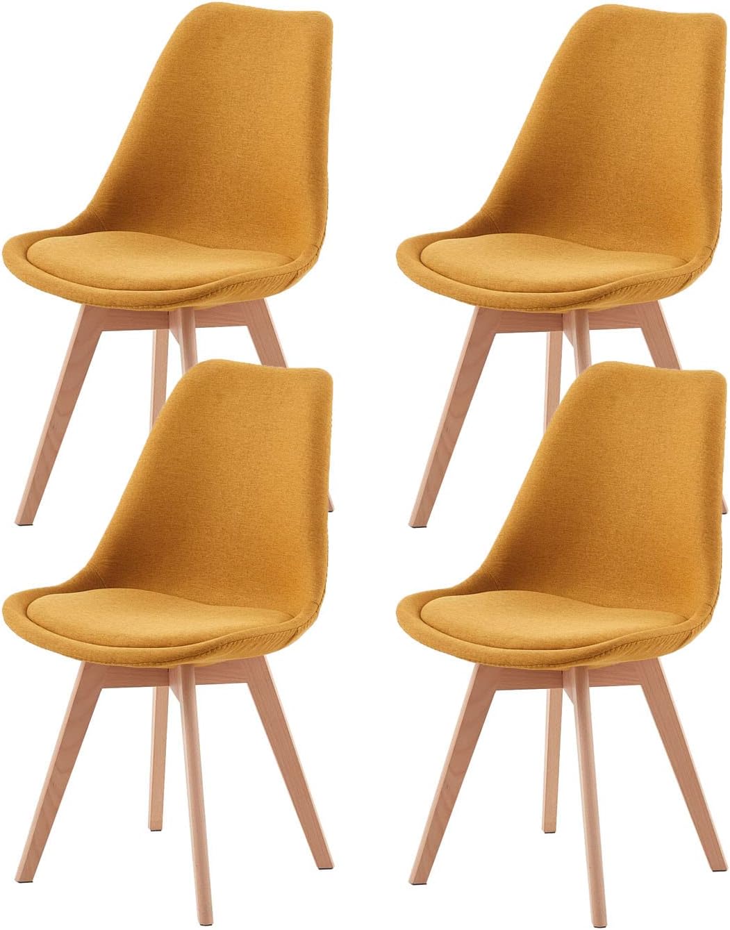 Sedia EGGREE, 4 sedie, legno, lino, Giallo, imbottita, per sala da pranzo e cucina