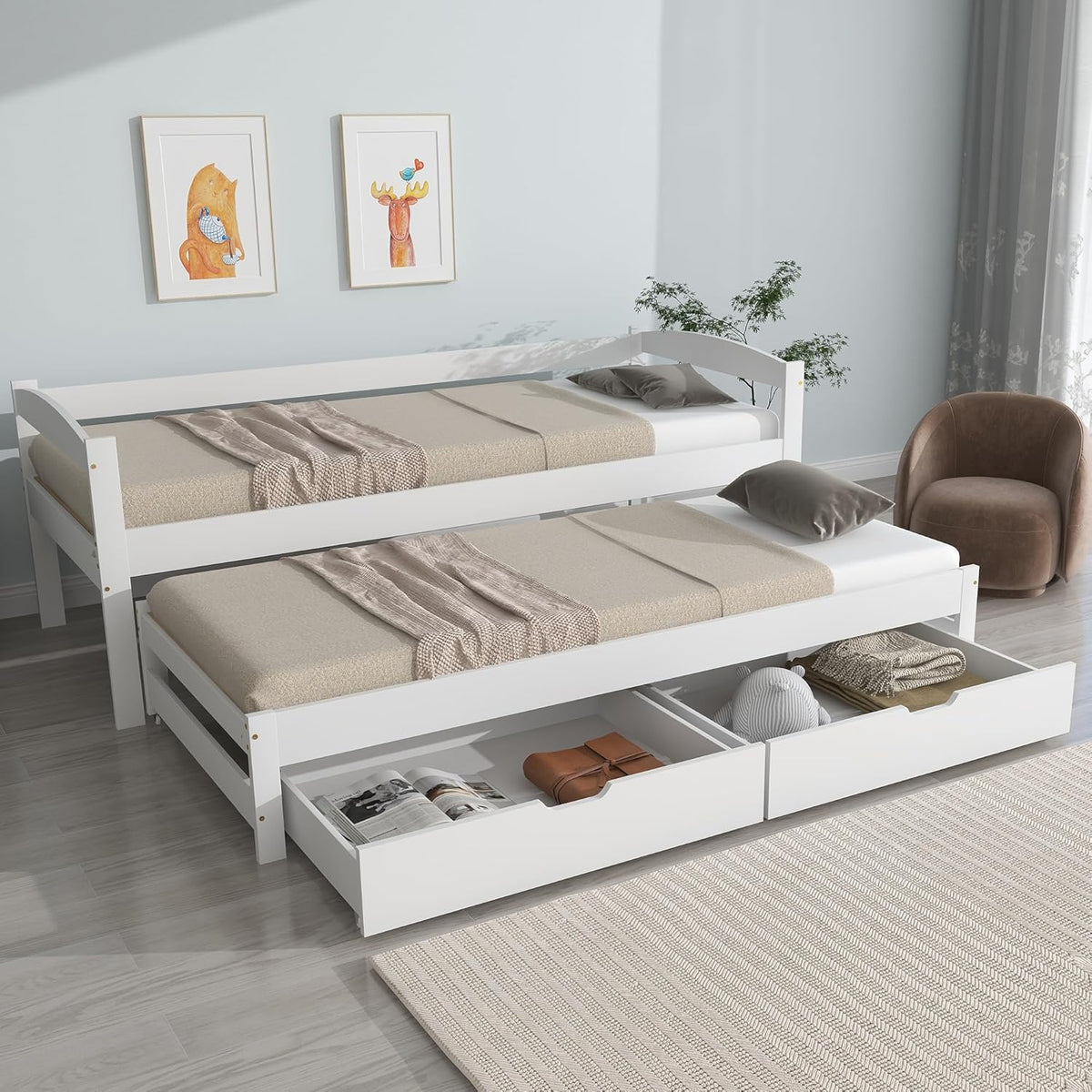Letto Rosebibi, 2 cassetti, singolo, matrimoniale, 200 × 90 cm, 190 × 90 cm, legno, MDF, Bianco, pieghevole, con ruote, per camera da letto