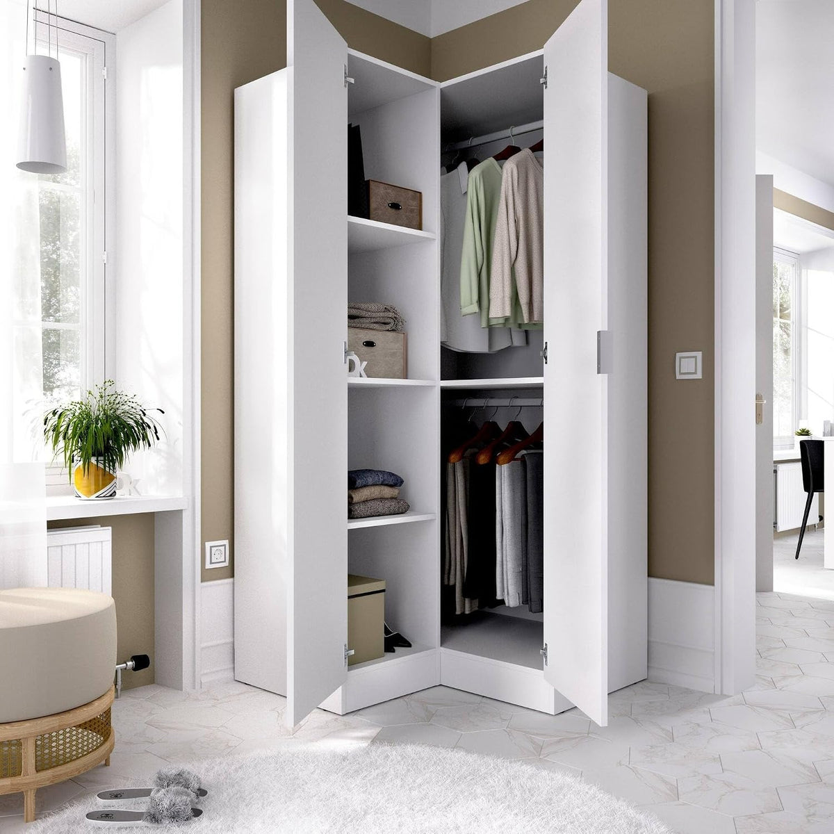 Armadio guardaroba Dmora, 2 ante, 4 ripiani, 92,5 × 184 cm, Bianco, regolabile, per camera da letto
