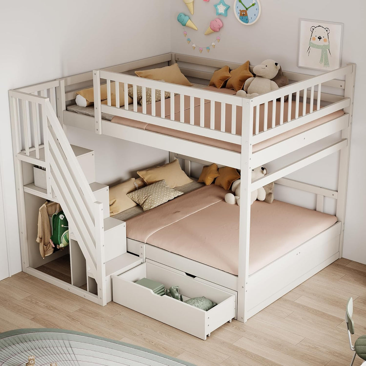 Letto a castello MSMOK, matrimoniale, 140 × 200 cm, legno, Bianco, con rete a doghe, per camera da letto