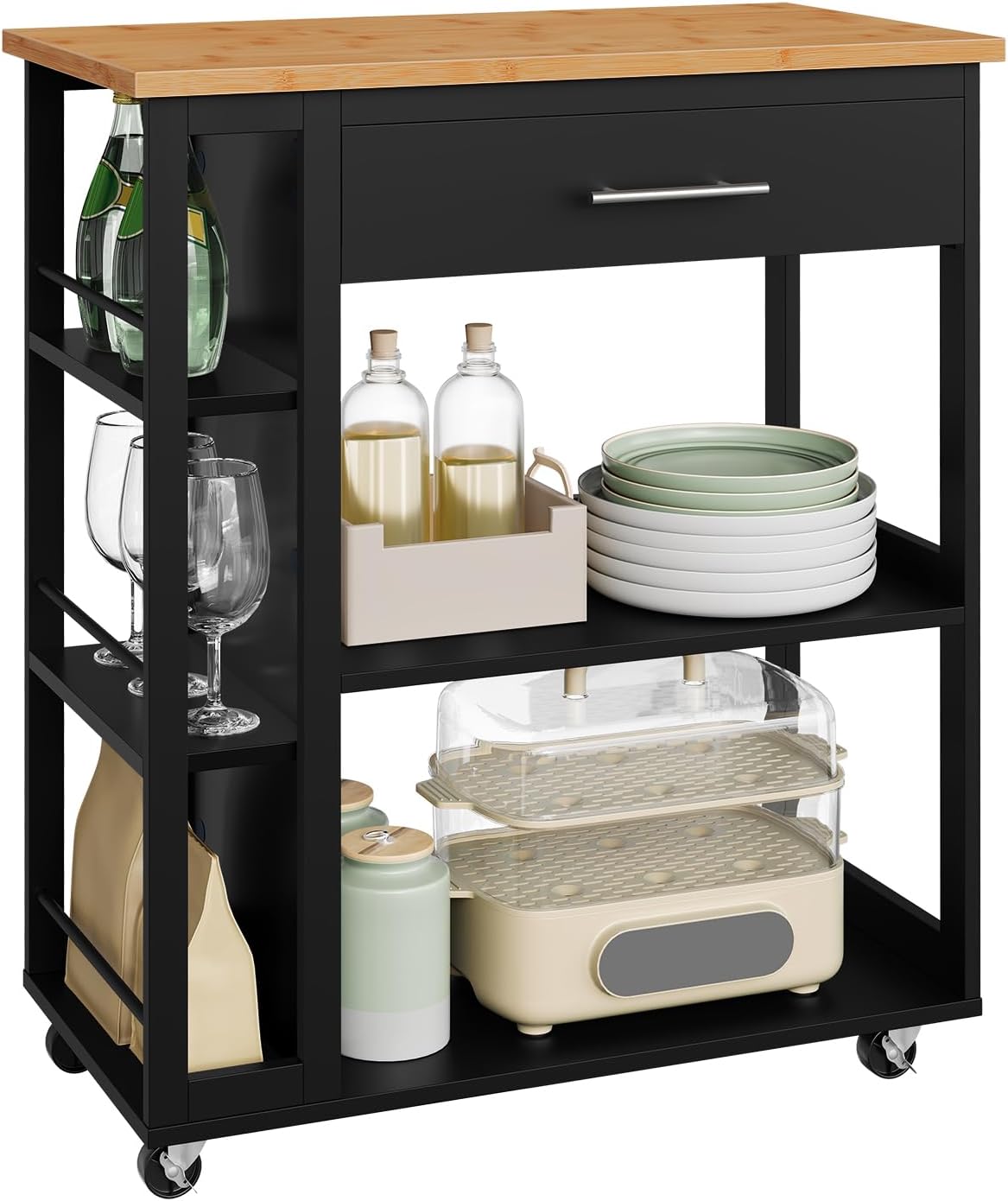 Carrello da cucina WOLTU, 73 × 38 × 88 cm, bambù, Nero, con ruote, per bagno, RW051sz