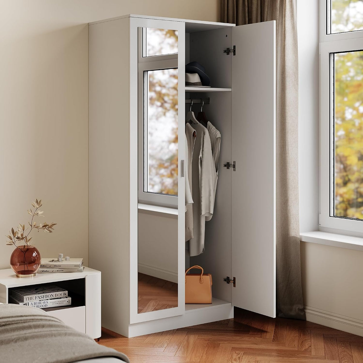 Armadio SIRHONA, 76 × 47 × 180cm, alluminio, Bianco, con ante scorrevoli, per camera da letto