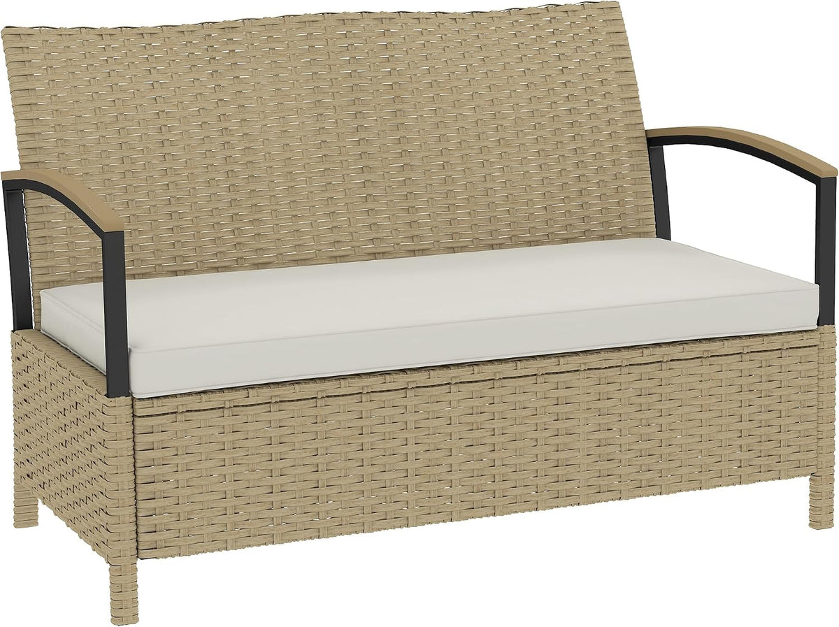 Panca contenitore Outsunny 125L, acciaio, rattan, con cuscino, con braccioli, per giardino e terrazzo