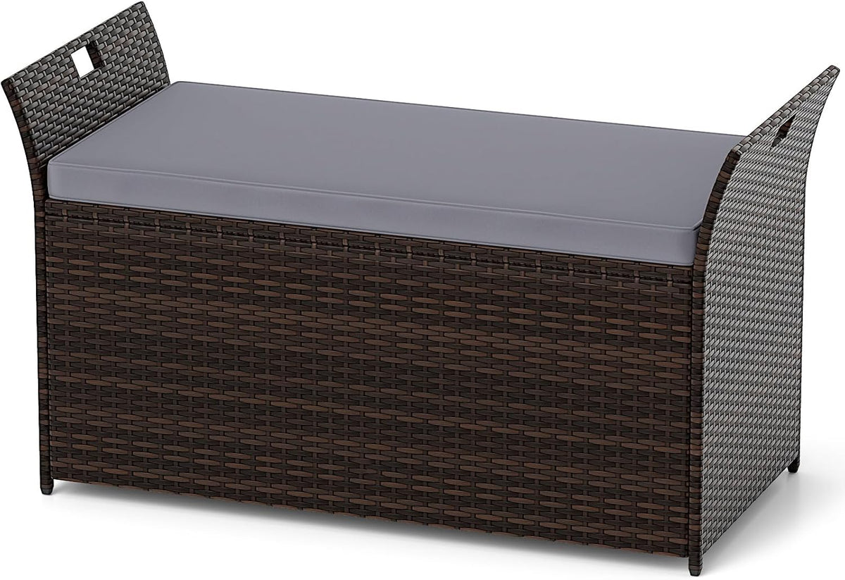 Panca contenitore COSTWAY, 125 × 56 × 71 cm, rattan, Naturale, con cuscino, con contenitore, imbottita, per giardino e terrazzo