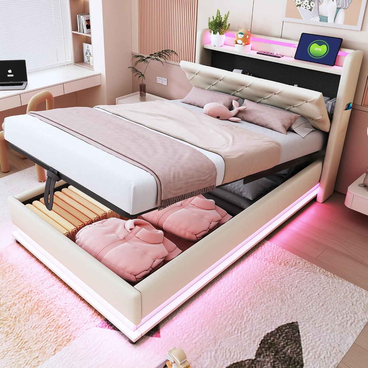 Letto contenitore Oslghy, singolo, 90 × 200 cm, lino, Beige, regolabile, pieghevole, con rete a doghe, con illuminazione LED, con porta USB