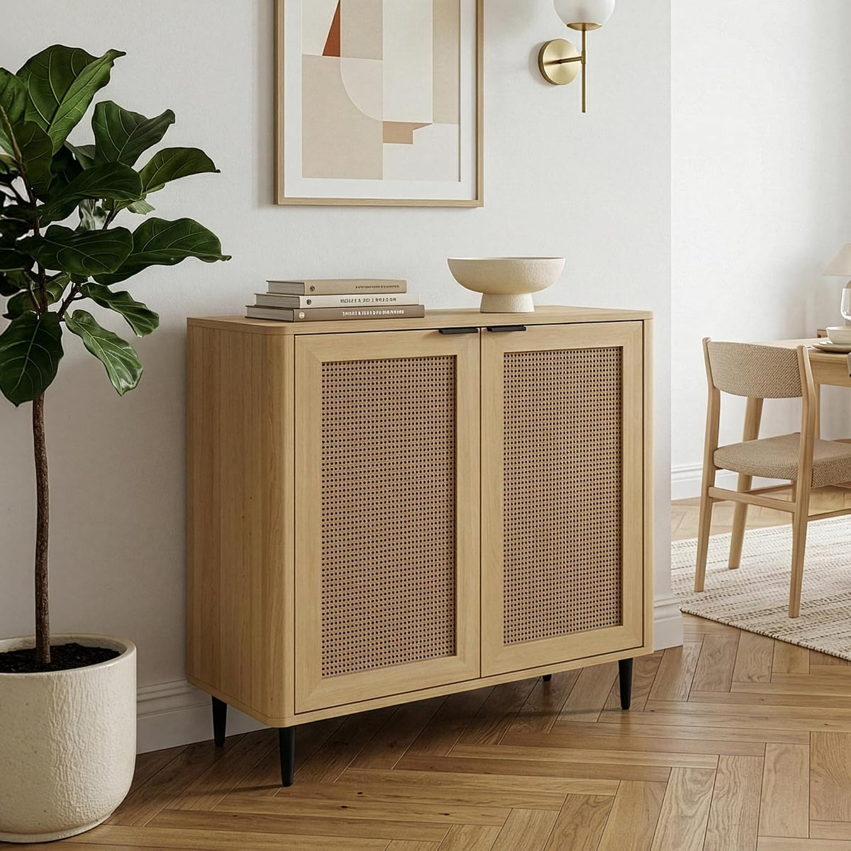 Credenza en.casa, 83 × 80 × 40 cm, rattan, Rovere, per soggiorno e sala da pranzo