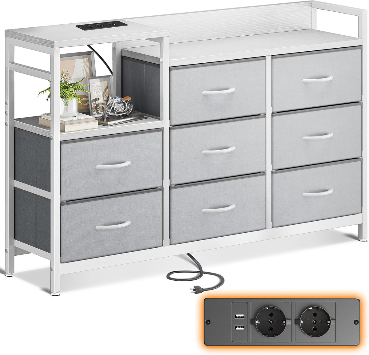 Cassettiera ODK, tessuto, Grigio, regolabile, per camera da letto, 2 USB e 2 Presa
