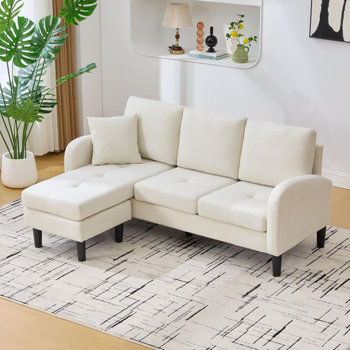 Divano angolare Kebnor, 3 posti, 166 × 118 × 77 cm, lino, tessuto, per soggiorno, gambe in plastica