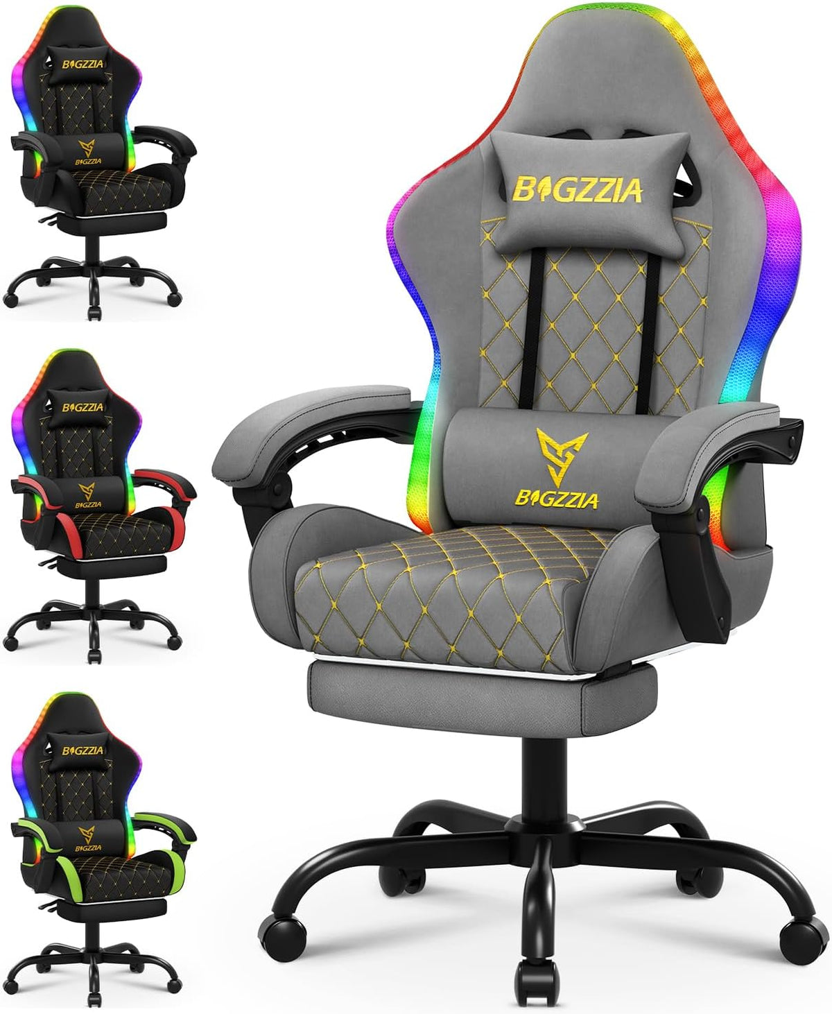Sedia gaming bigzzia, acciaio, memory foam, Grigio, girevole a 360°, regolabile, con poggiapiedi, con poggiatesta, per ufficio