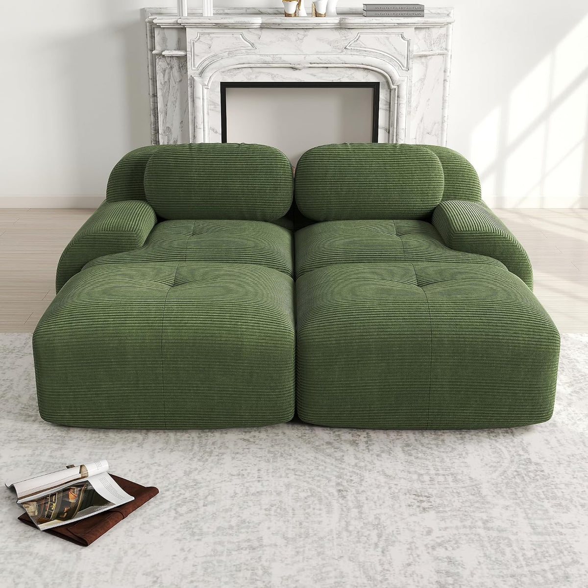 Divano angolare Ligterra, 2 posti, 208 × 178 × 75cm, velluto, tessuto, Verde, con funzione letto, regolabile, con braccioli, per soggiorno