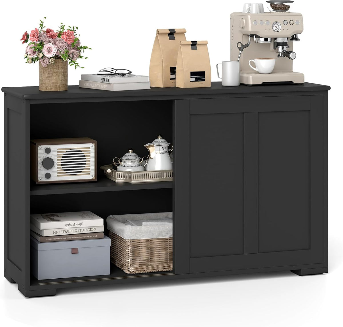 Credenza GIANTEX, 3 ripiani, 106,5 × 33 × 60 cm, legno, Nero, regolabile, con ante scorrevoli, per soggiorno e sala da pranzo