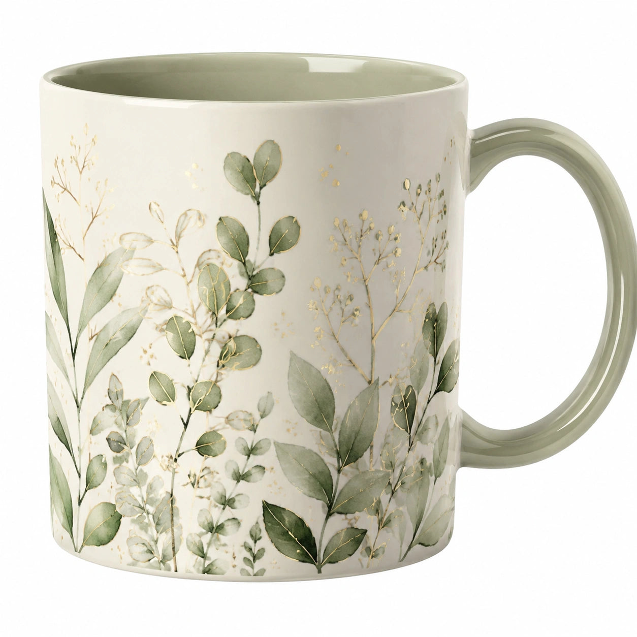 Tazza in Ceramica con Motivo di Foglie Verdi 350 ml