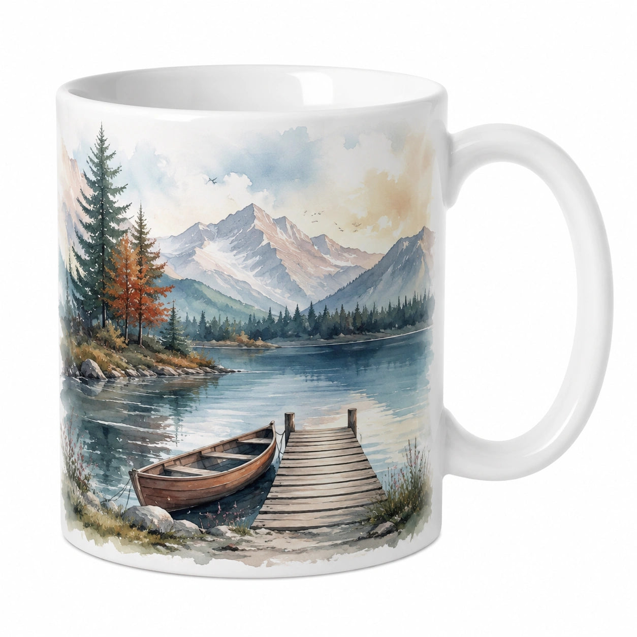 Tazza in Ceramica con Paesaggio Montano e Barca, Multicolore