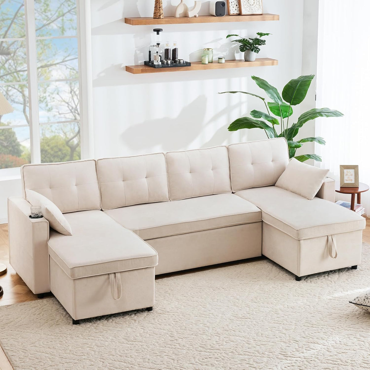 Divano letto Huayz, 4 posti, 270 × 130 × 86 cm, lino, tessuto, per soggiorno, mobili imbottiti, divano letto con funzione di sonno