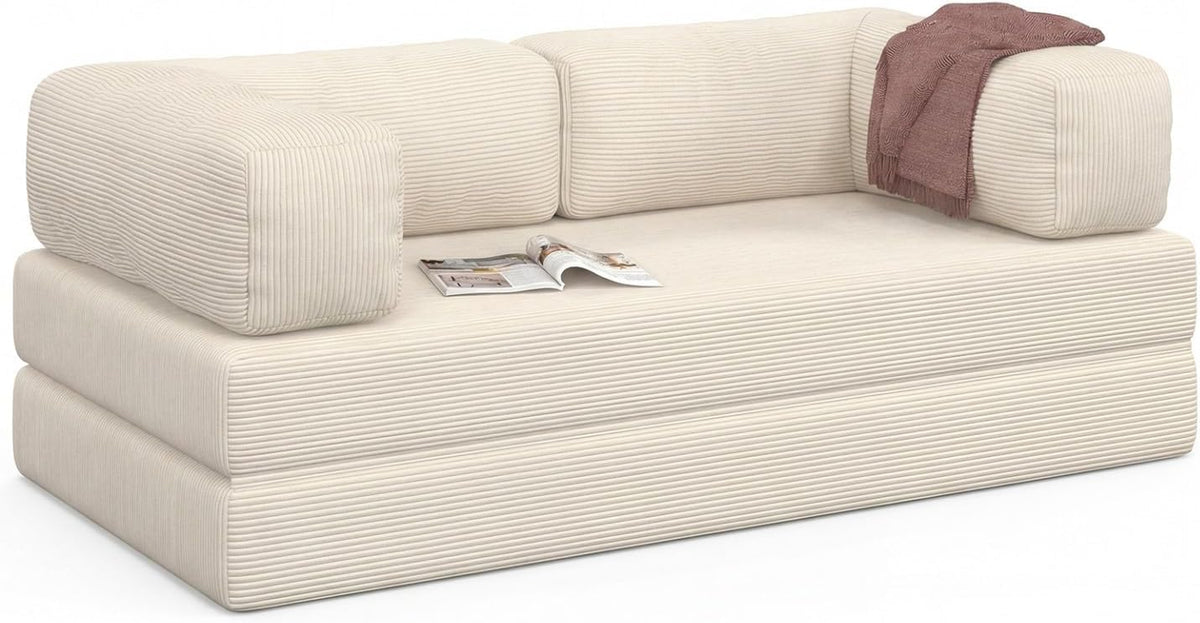 Divano IDMarket, 3 posti, 180 × 90 × 68 cm, 180 × 180 × 19 cm, velluto, Beige, trasformabile, con braccioli, imbottito, per soggiorno