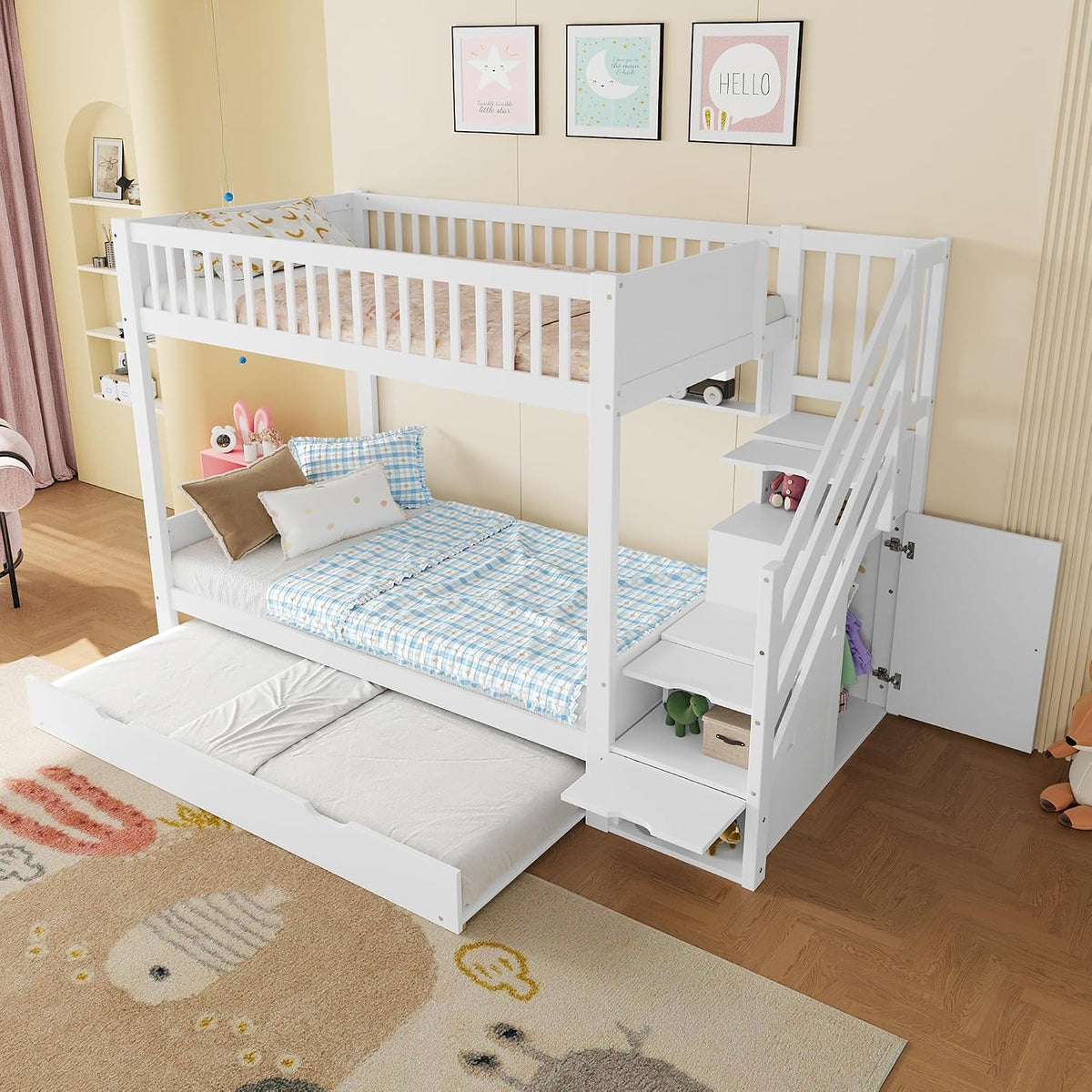 Letto a castello Goldicoo, 90 × 200 cm, Bianco, per camera da letto, Letto a castello con letto estraibile