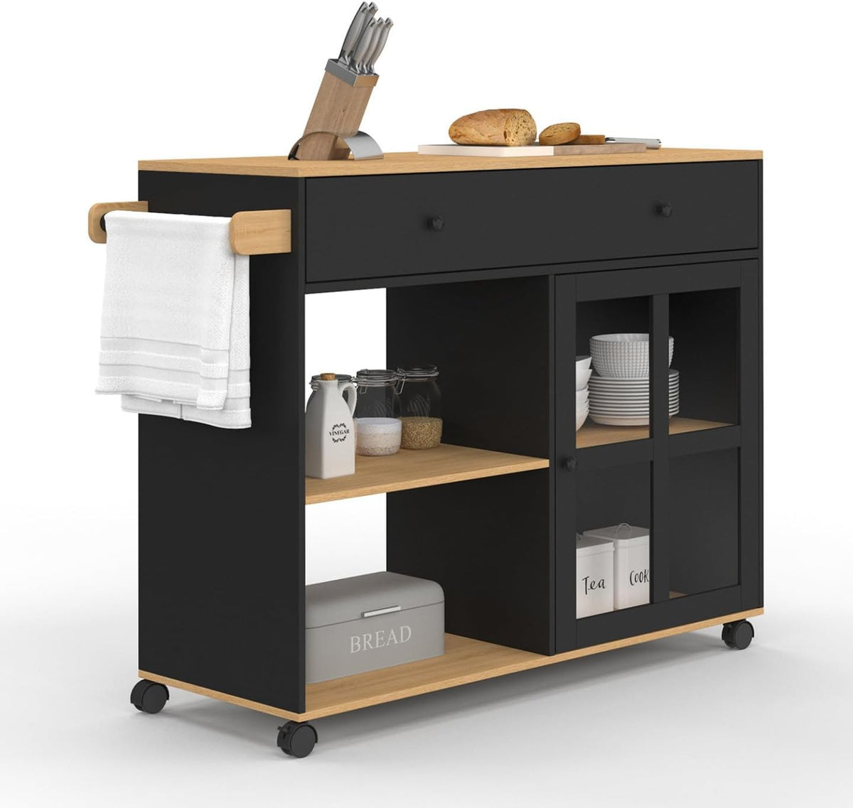 Credenza IDMarket, legno, Nero, con ruote, per soggiorno e sala da pranzo