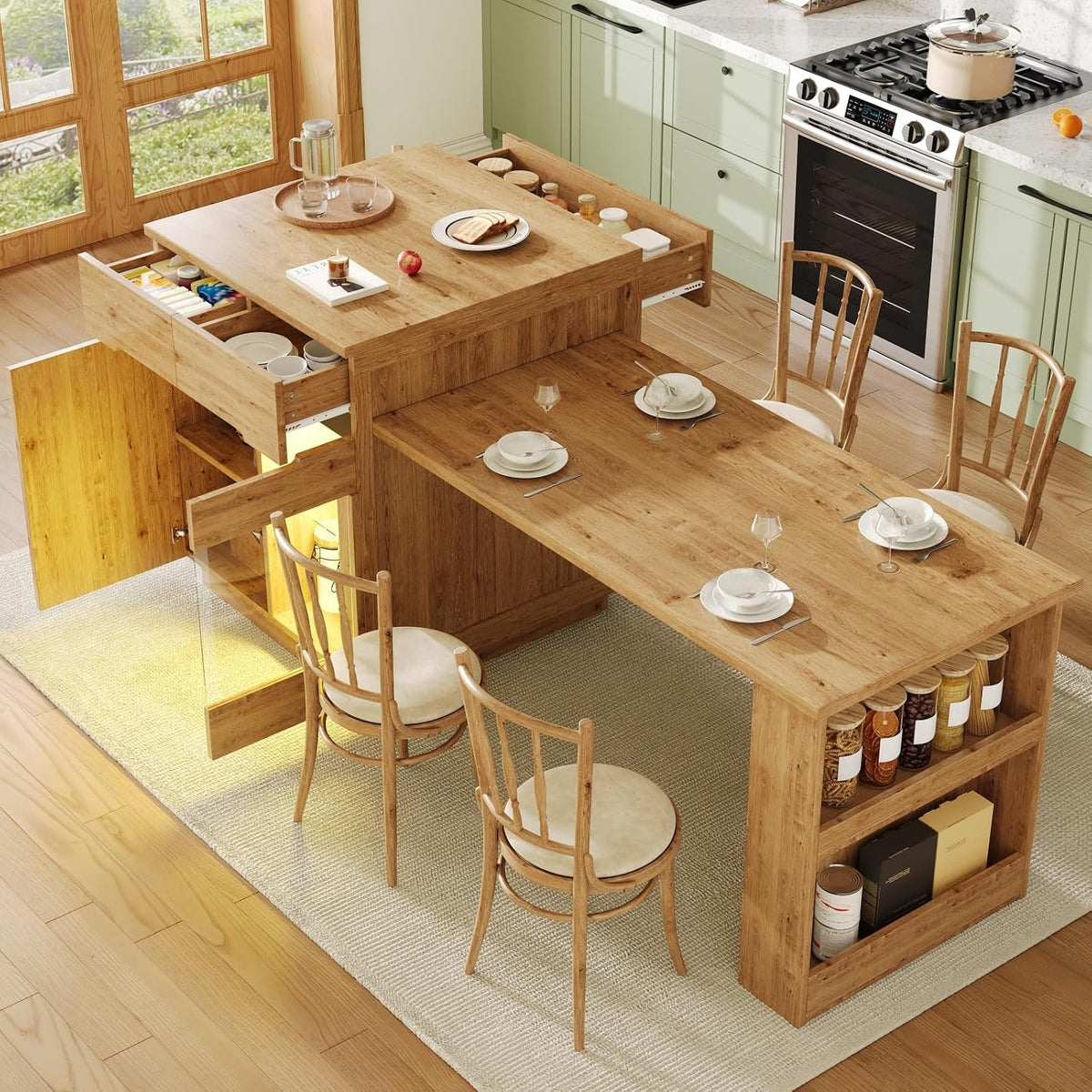 Carrello da cucina YEHTOKHOME, 3 cassetti, 2 ante, vetro, Naturale, allungabile, per sala da pranzo e cucina