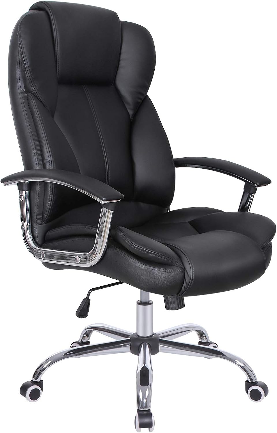 Sedia da ufficio SONGMICS OBG57B, similpelle, Nero, girevole a 360°, regolabile, con ruote, con braccioli, imbottita, per ufficio