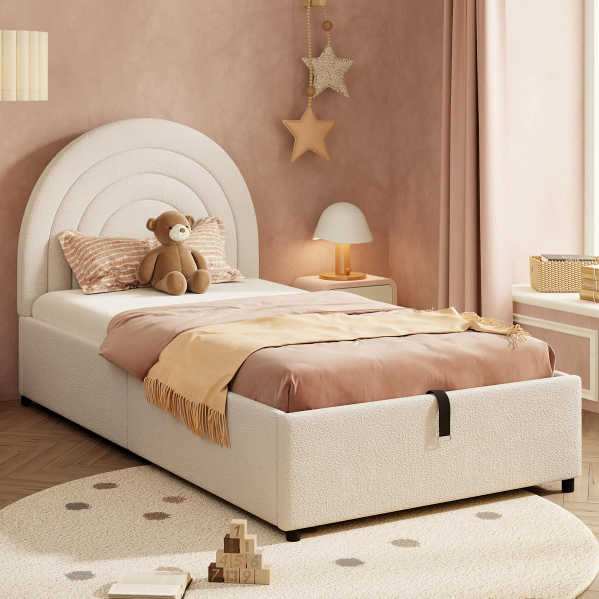 Letto Moimhear, singolo, 90 × 200 cm, legno, Beige, allungabile, con rete a doghe, imbottito, per camera da letto