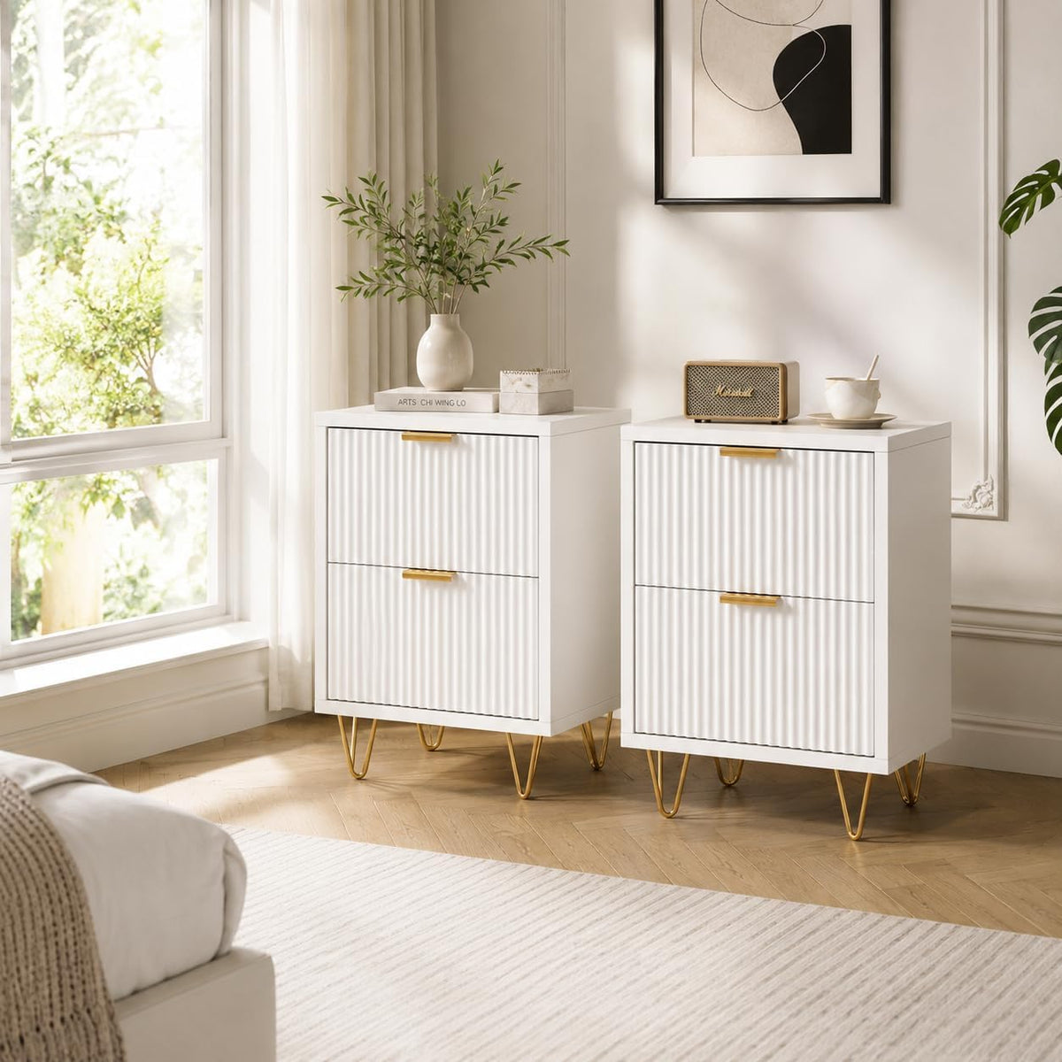 Comodino CXHLXYR, 2 cassetti, metallo, Bianco, per camera da letto