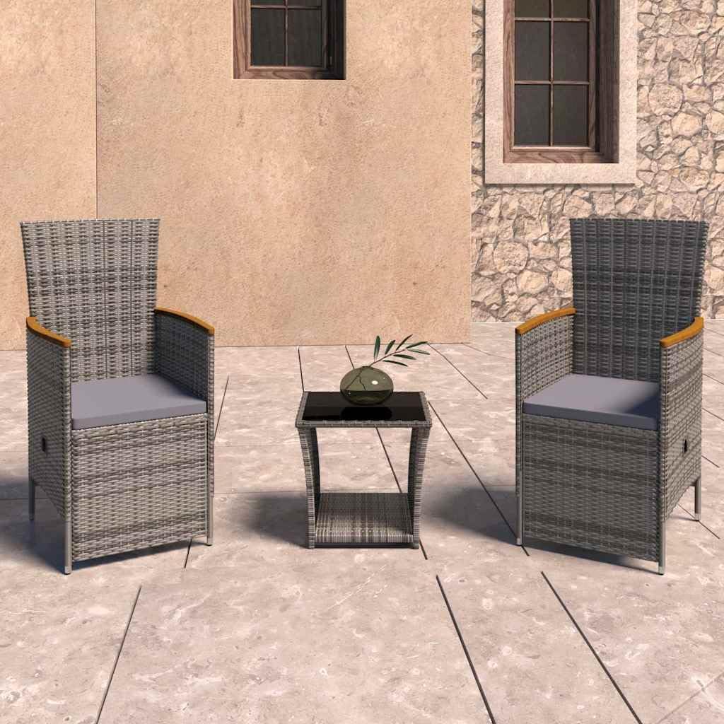 Set di mobili da giardino, rattan, Grigio, regolabile, per giardino e terrazzo, Set di 3 mobili da giardino con cuscini