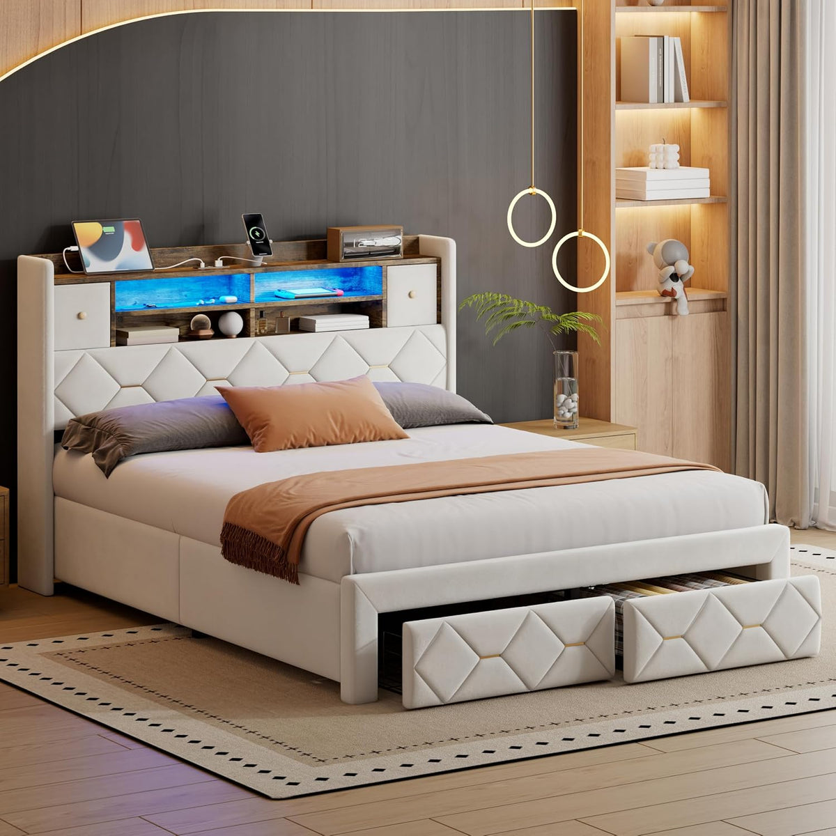 Letto contenitore Mydtt, matrimoniale, misura 160 × 200, Beige, regolabile, con porta USB, per camera da letto