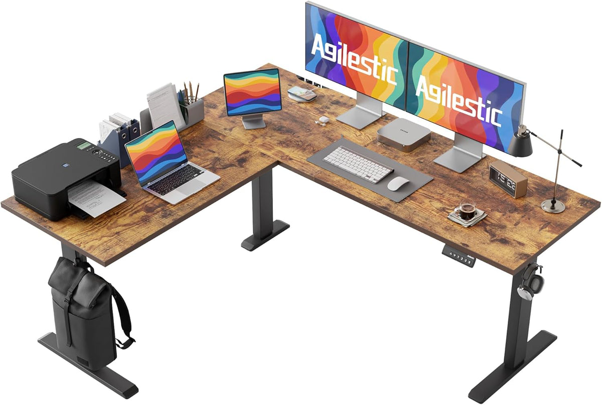 Scrivania Agilestic, 160 × 140 cm, altezza regolabile 72-118 cm, acciaio, Marrone, per ufficio