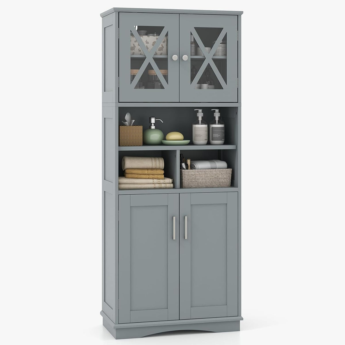 Mobile da bagno LIFEZEAL, 4 ante, 60 × 30 × 145 cm, legno, Grigio, regolabile, per bagno