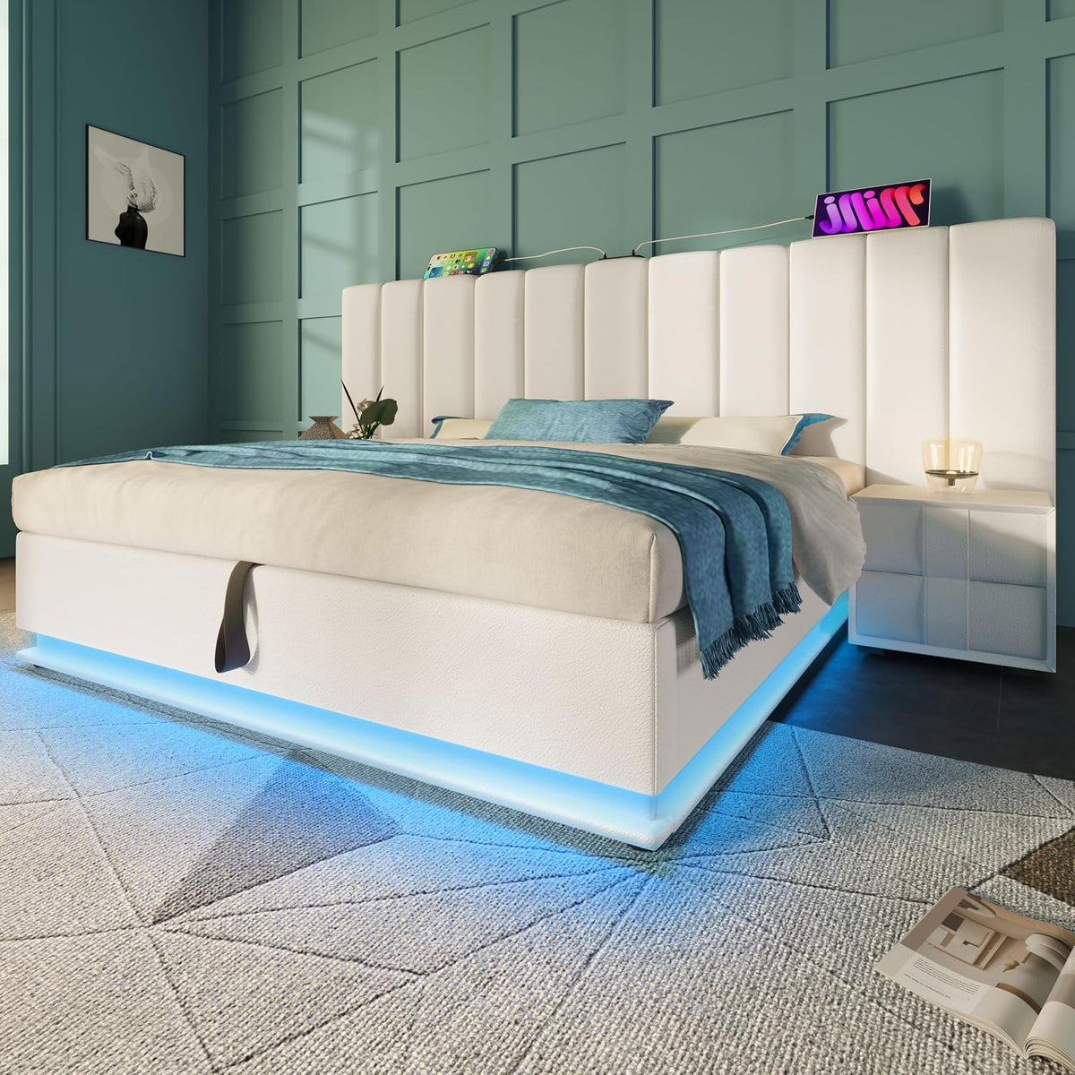 Letto contenitore Moimhear, matrimoniale, 180 × 200cm, 180 × 200 cm, Bianco, con contenitore, con porta USB, imbottito, per camera da letto