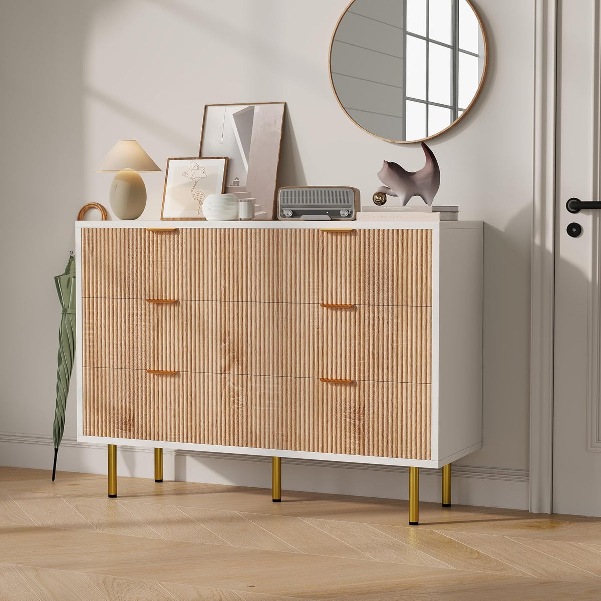 Cassettiera BEIJIALY, 6 cassetti, 100 × 34 × 73cm, legno, metallo, Bianco, per soggiorno e camera da letto
