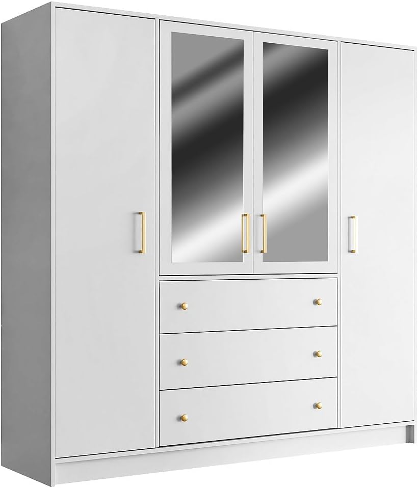 Armadio Vente-unique L196 LIZANDRO, 4 ante, 3 cassetti, 196 × 200 × 58 cm, legno, metallo, Bianco