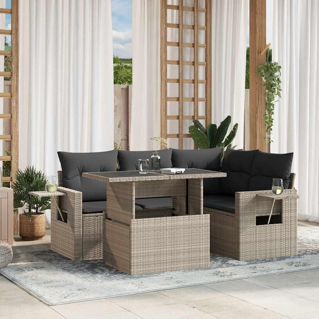 Set di mobili da giardino JHQHSM, 5 divani, 62 × 62 × 69 cm, 55 × 62 × 69 cm, rattan, Grigio chiaro, regolabile, pieghevole, per giardino e terrazzo