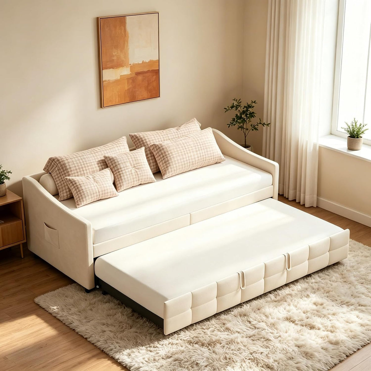 Divano letto HFASD, 180 × 200 cm, Crema, allungabile, con rete a doghe, per soggiorno