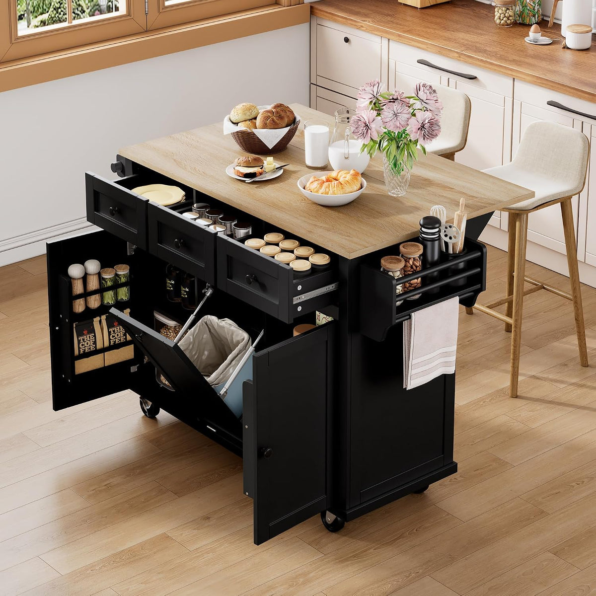 Carrello da cucina Generisch, 3 cassetti, 2 ante, Nero, pieghevole, per sala da pranzo e cucina