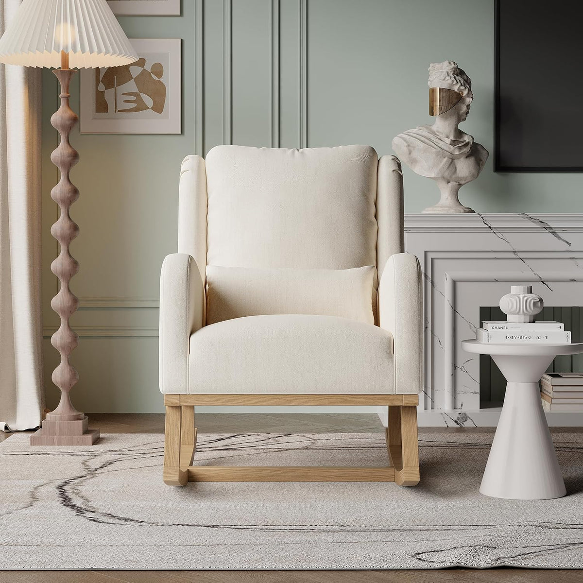 Poltrona letto CXHLXYR, 93 × 68 × 96 cm, legno, lino, Beige, per soggiorno, poltrona allattamento con cuscini